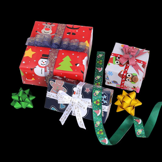 Decorative Christmas gift boxes with ribbons on a white background