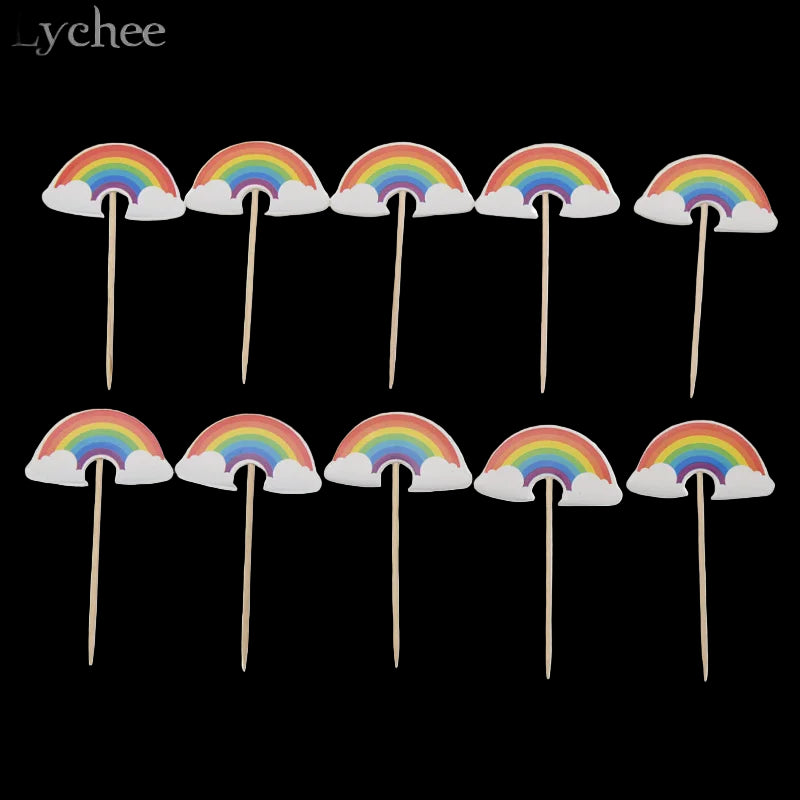 Set of rainbow and cloud cupcake toppers on sticks with 'Lychee' branding.