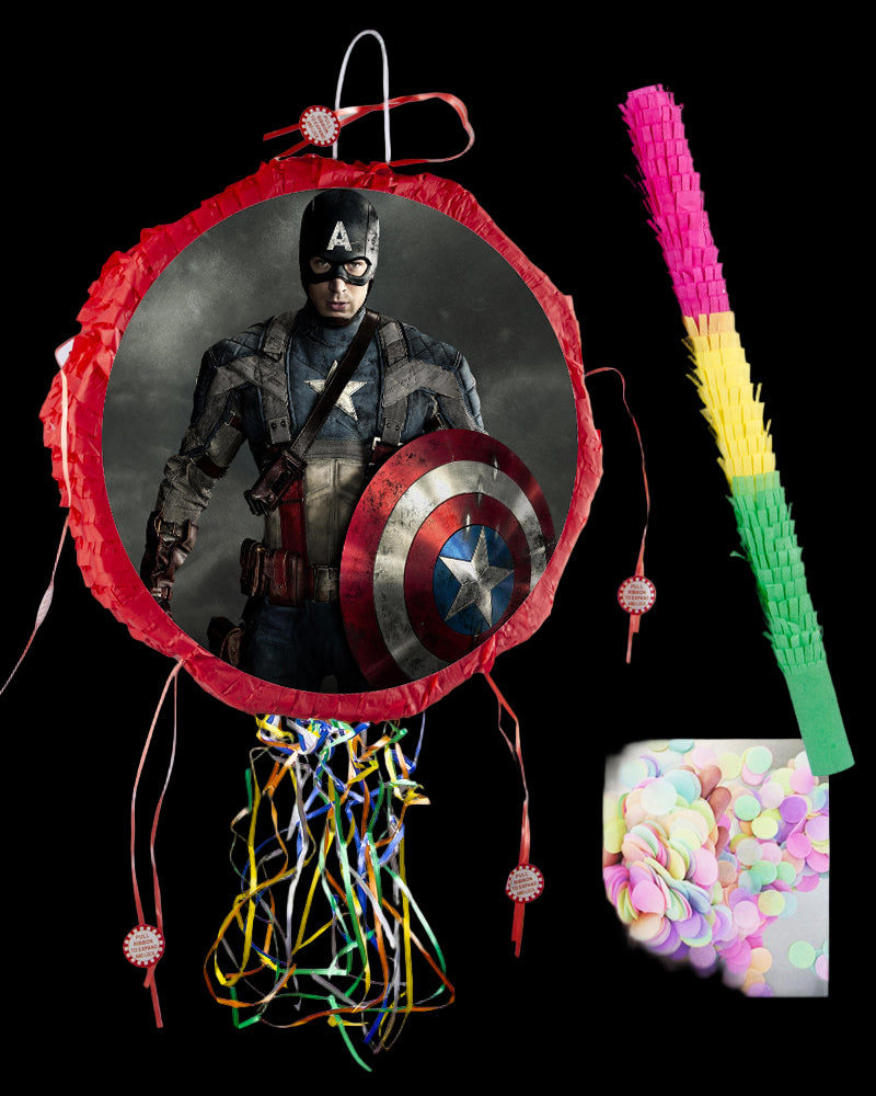 Pinata with Captain America design and colorful stick with confetti, on a white background.