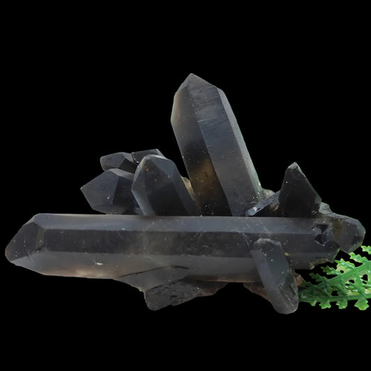 Black crystal formation on a white surface with greenery in the background