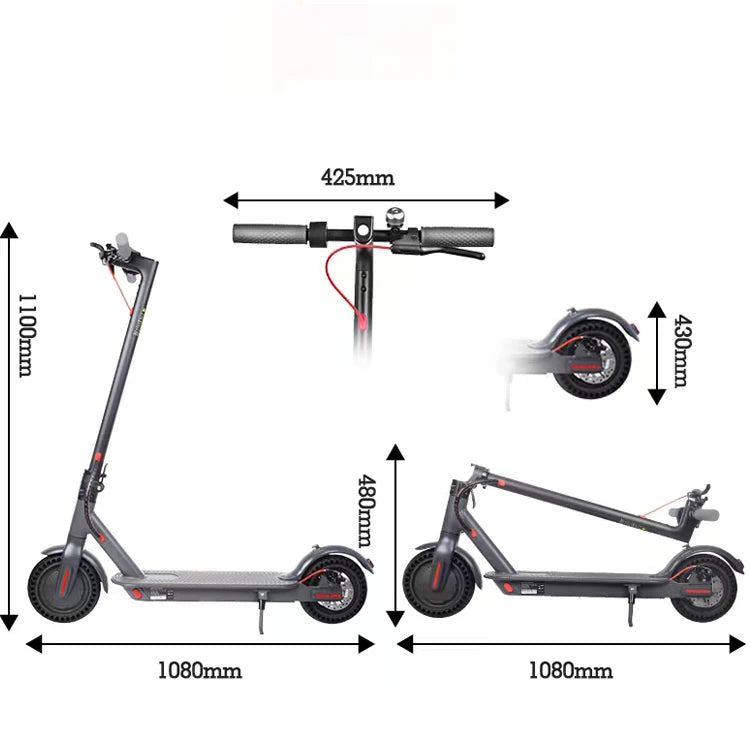 Measurement chart of a folded electric scooter with dimensions labeled.