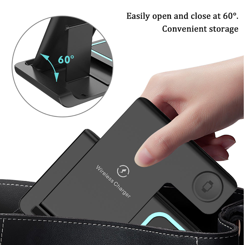 Black wireless charger with a hand demonstrating its use, featuring text about ease of opening and closing at 60 degrees.