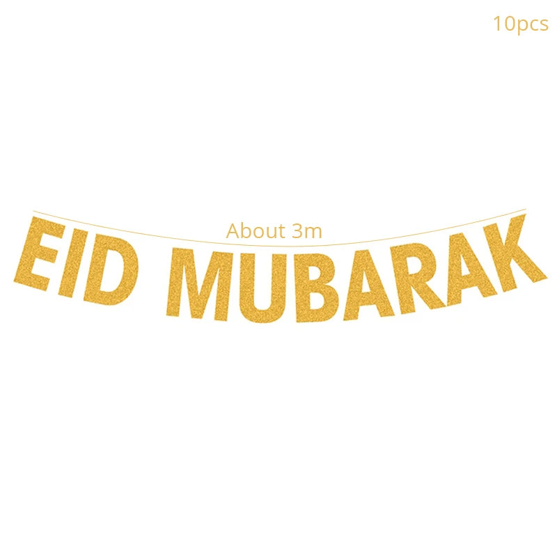Gold 'EID MUBARAK' banner with text on a white background