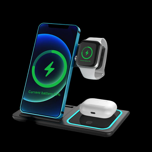 Wireless charging station with smartphone, smartwatch, and earbuds on a white background