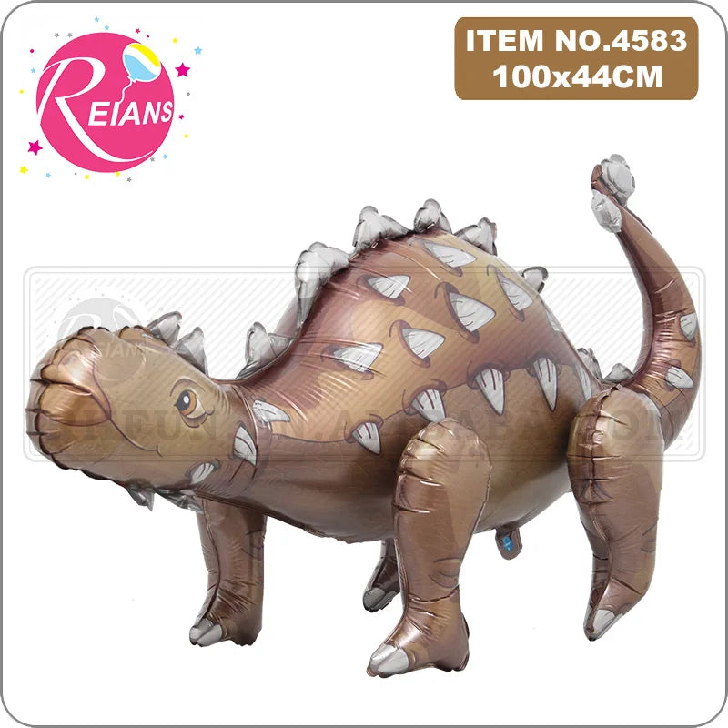 Dinosaur-shaped balloon with Reians logo and product details on a white background