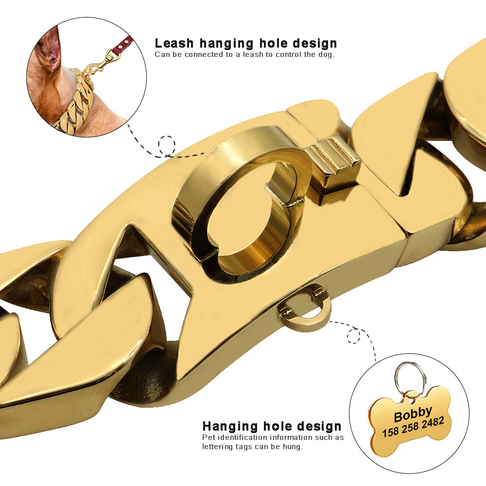 Gold chain with a hanging hole design on a white background