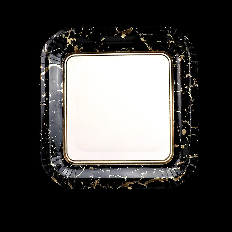 Square plate with black marble pattern on a white background