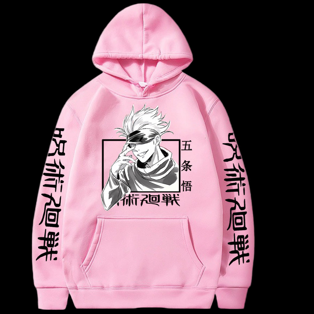 Pink hoodie with anime character and text on a white background