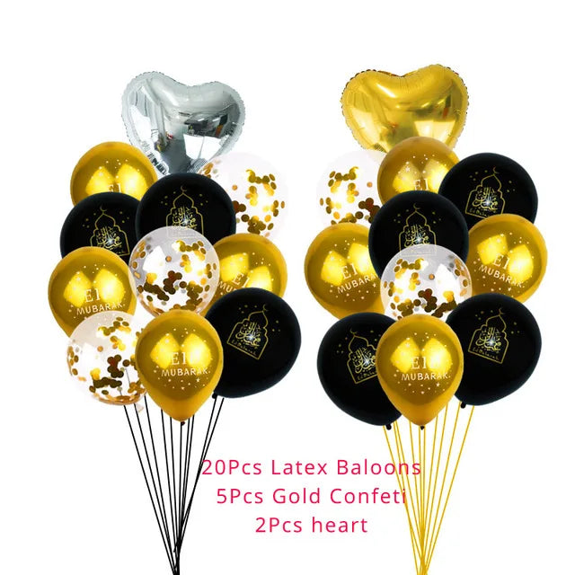 Set of balloons with gold, black, and silver colors on a white background