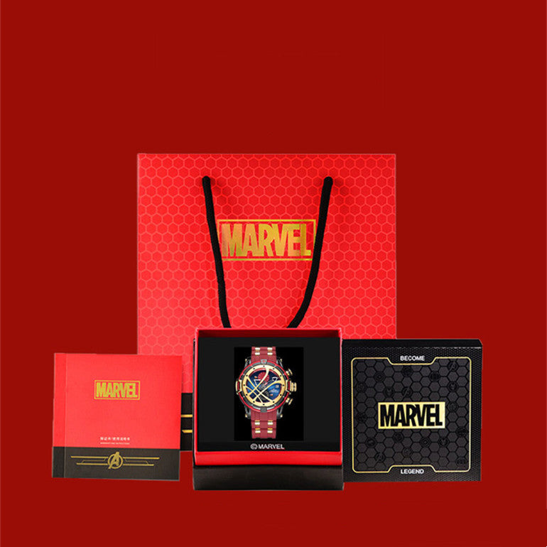 Marvel branded watch packaging on a red background