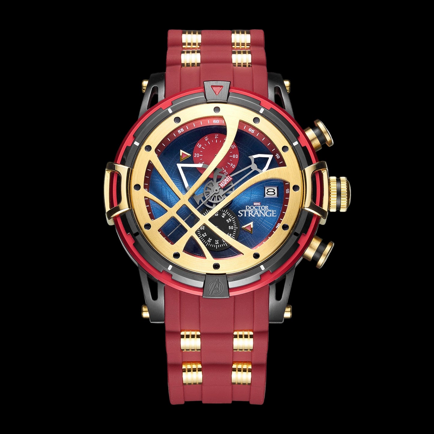 Watch with red and gold strap on a white background