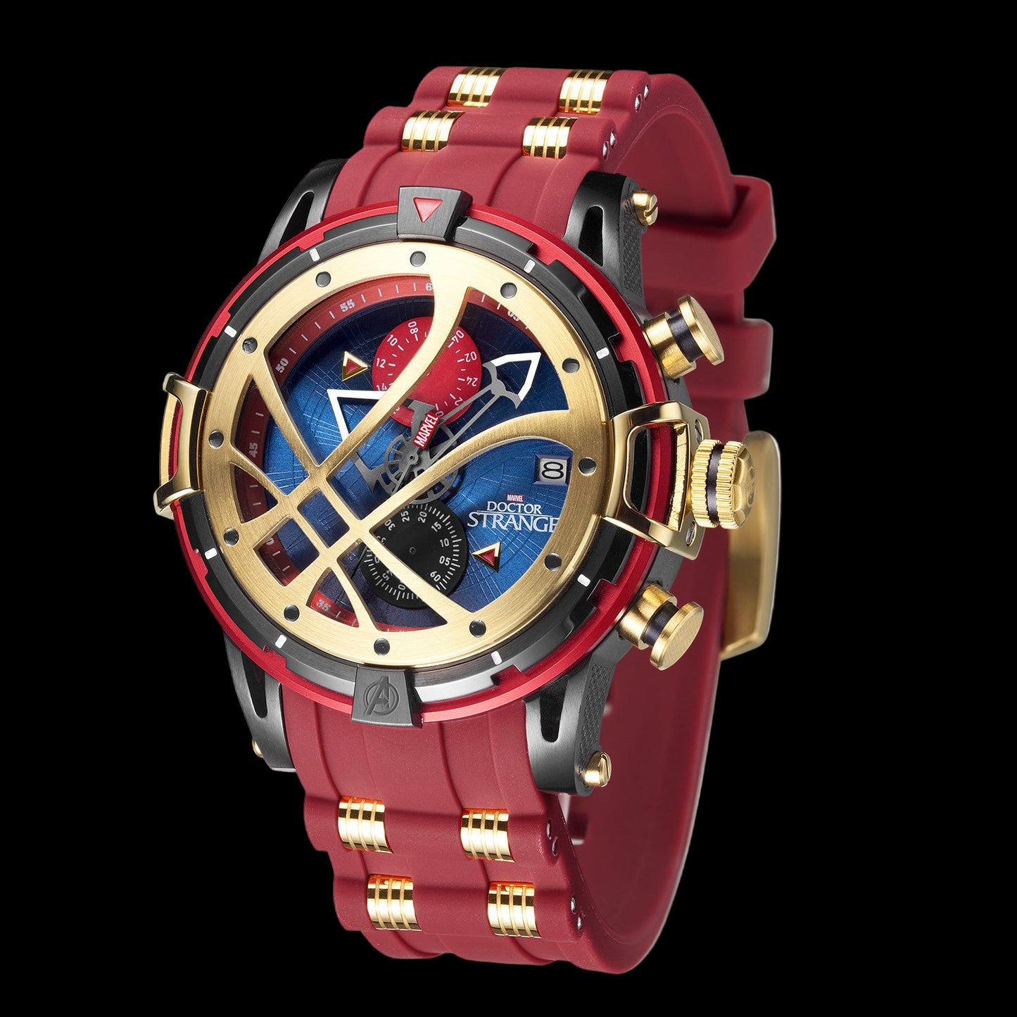 Red and gold watch with intricate design on a white background