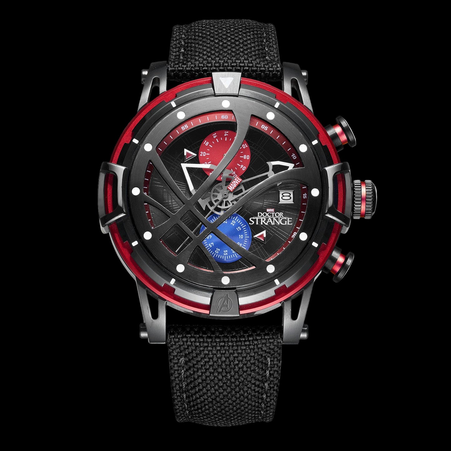 Wristwatch with black strap and red and blue detailed face on a white background