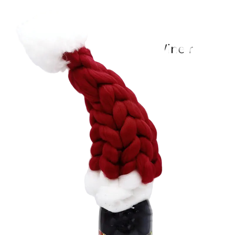 Red braided yarn on a wine bottle with 'Wine red' text