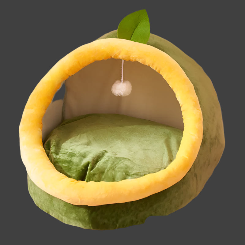 Pet bed designed like a watermelon with a yellow ring and green interior on a patterned surface.
