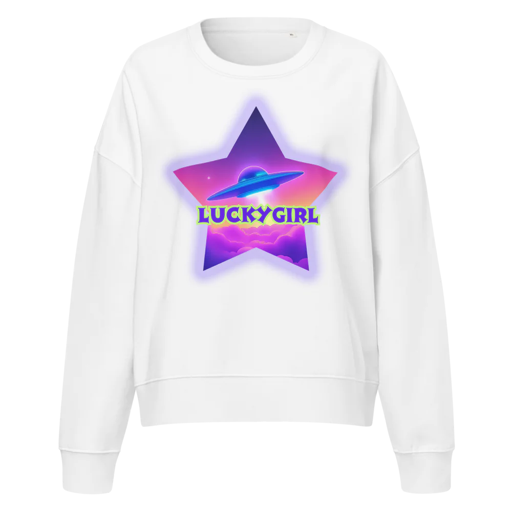 White sweatshirt with a colorful star graphic and 'LUCKYGIRL' text on a white background