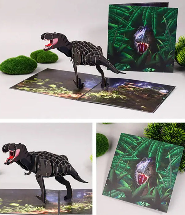 3D dinosaur model and pop-up book with jungle scene on a white background