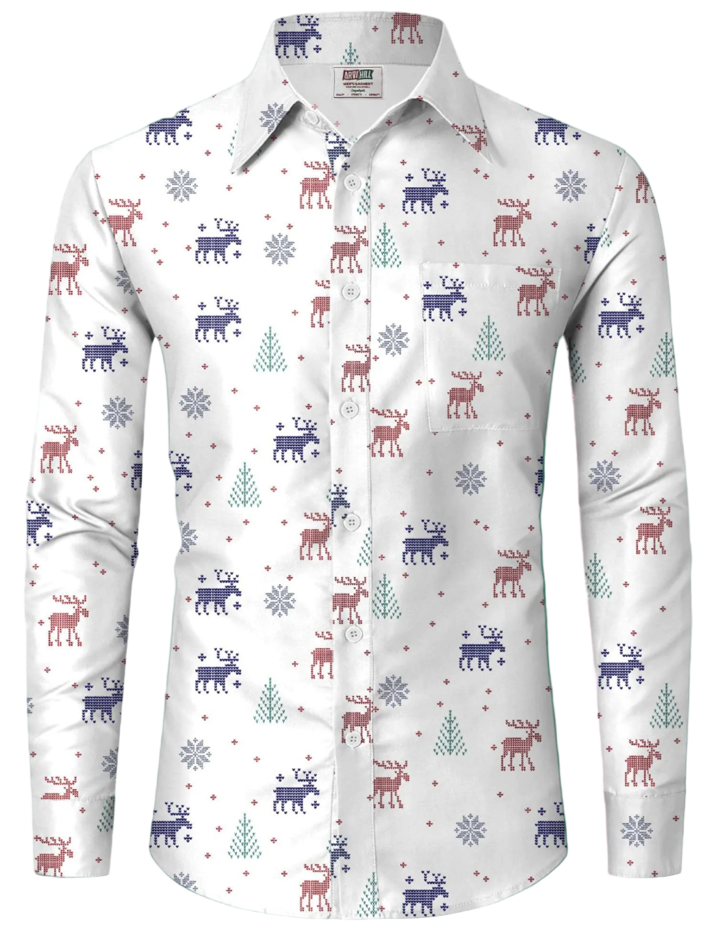 White shirt with reindeer and snowflake pattern on a white background