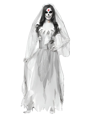 Person wearing a skeleton bride costume on a white background