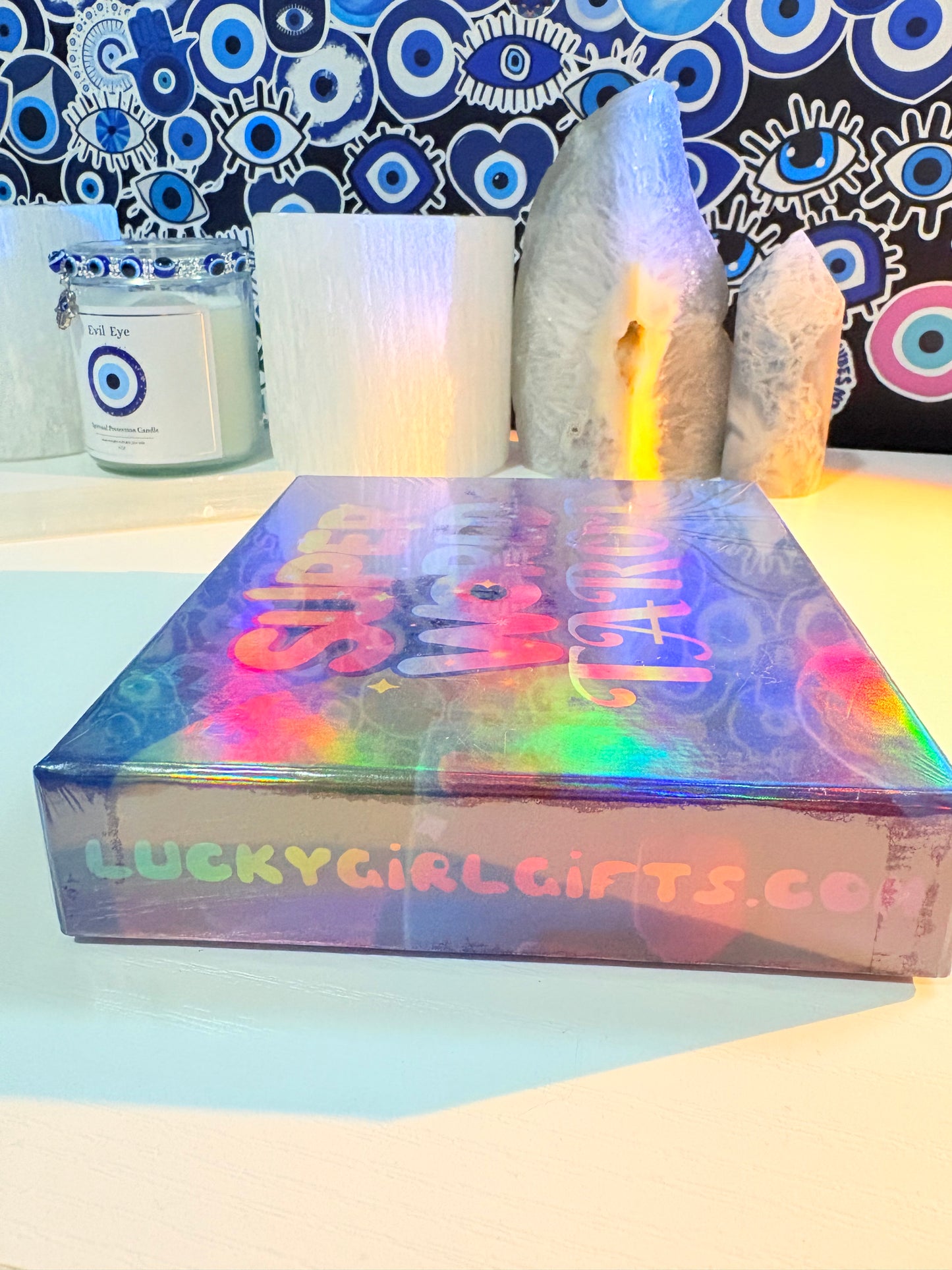 Holographic product packaging with text on a white background