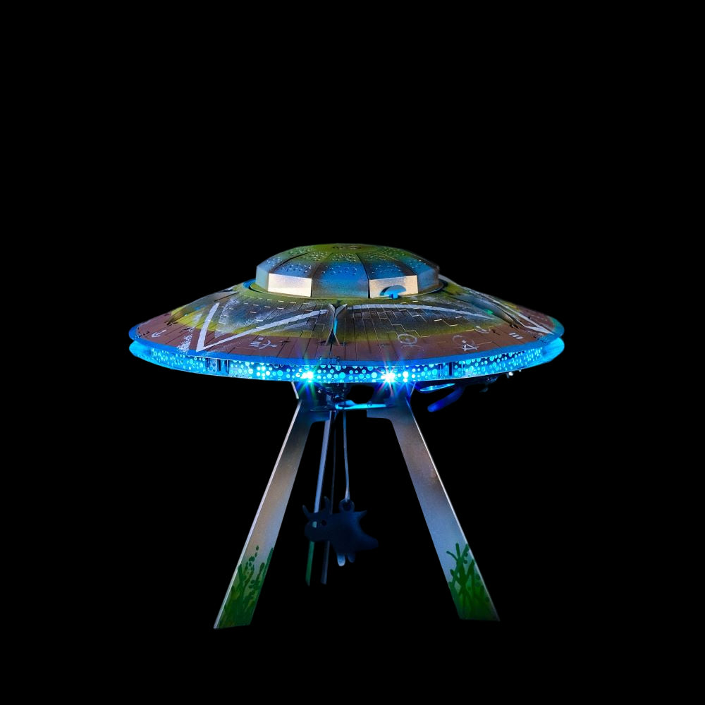 Model of a UFO with glowing lights on a dark background