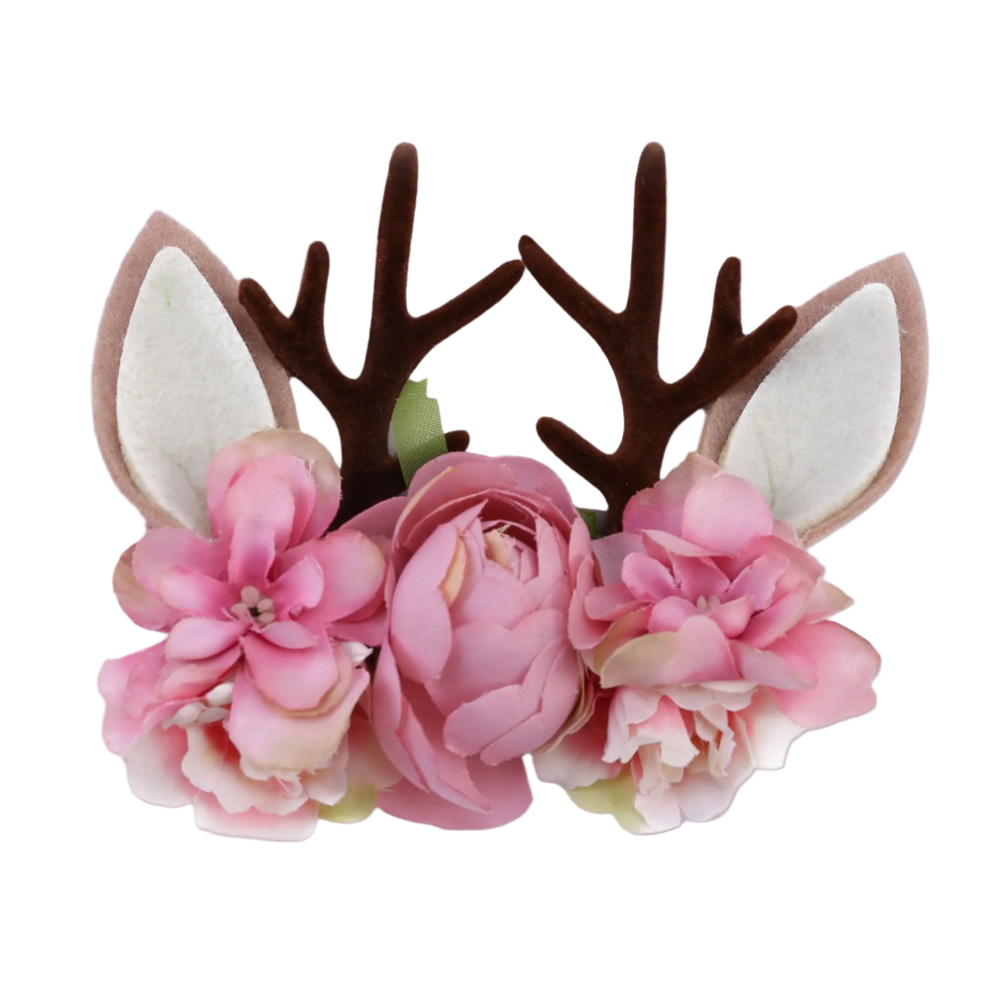 Deer antlers with pink flowers on a white background