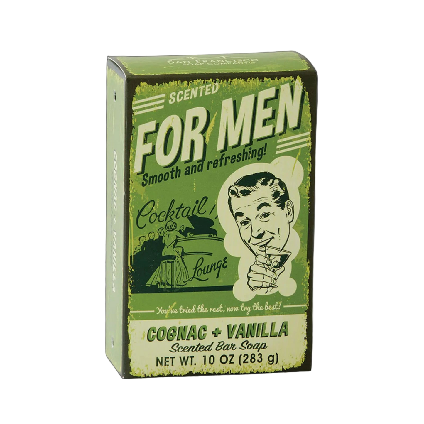 Bar soap packaging for men with vintage design elements on a white background