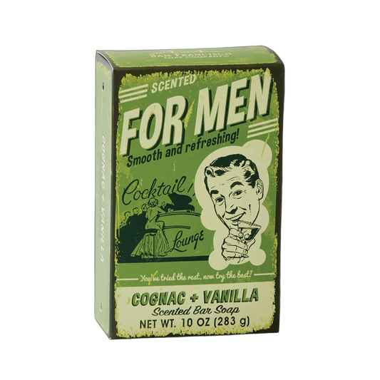 Bar soap packaging for men with vintage design elements on a white background