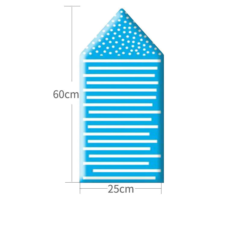 Blue and white striped object with measurements on a white background