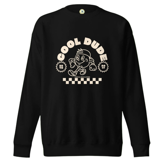 Black sweatshirt with 'Cool Dude' graphic design on a white background