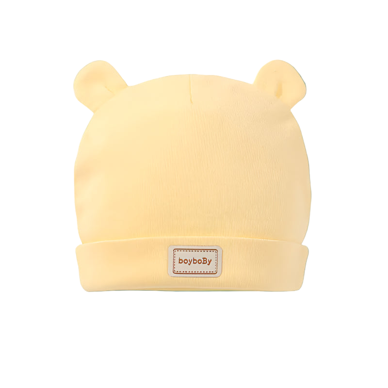 Yellow baby hat with bear ears and 'boyboBy' label on a white background