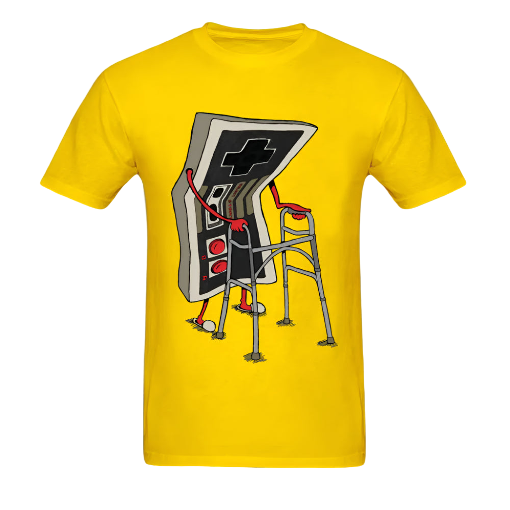 Yellow t-shirt with a graphic of a retro video game controller on a white background