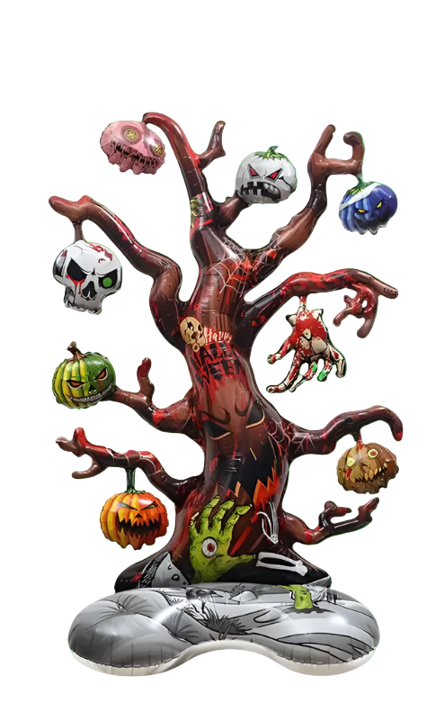 Decorative tree with Halloween-themed figurines on a white background