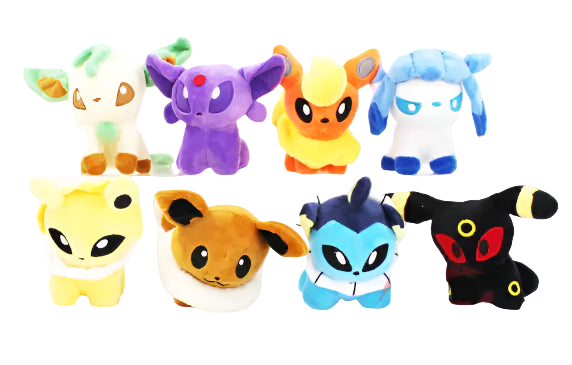 Set of colorful plush toys resembling various characters on a white background
