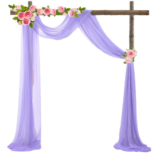 Decorative arch with purple curtains and pink flowers on a white background