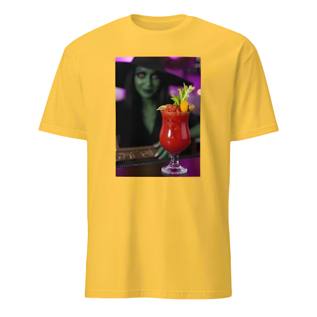 Yellow t-shirt with a graphic of a red cocktail and green character on a white background