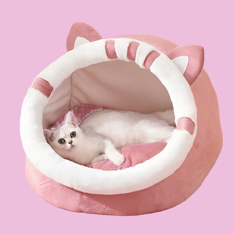 White cat lying in a pink and white pet bed with cat ears on a pink and white patterned floor.
