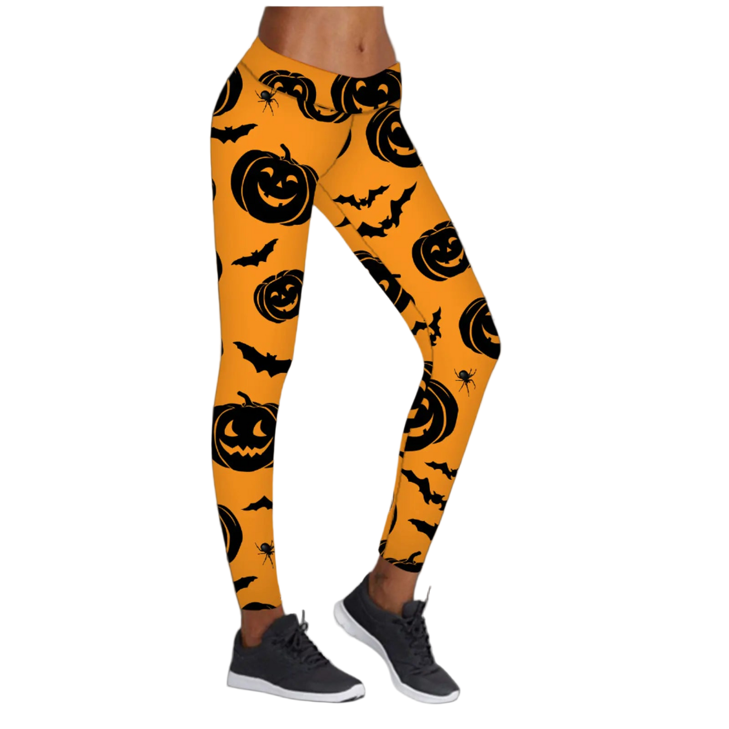 Halloween-themed leggings with pumpkins, bats, and spiders on a white background