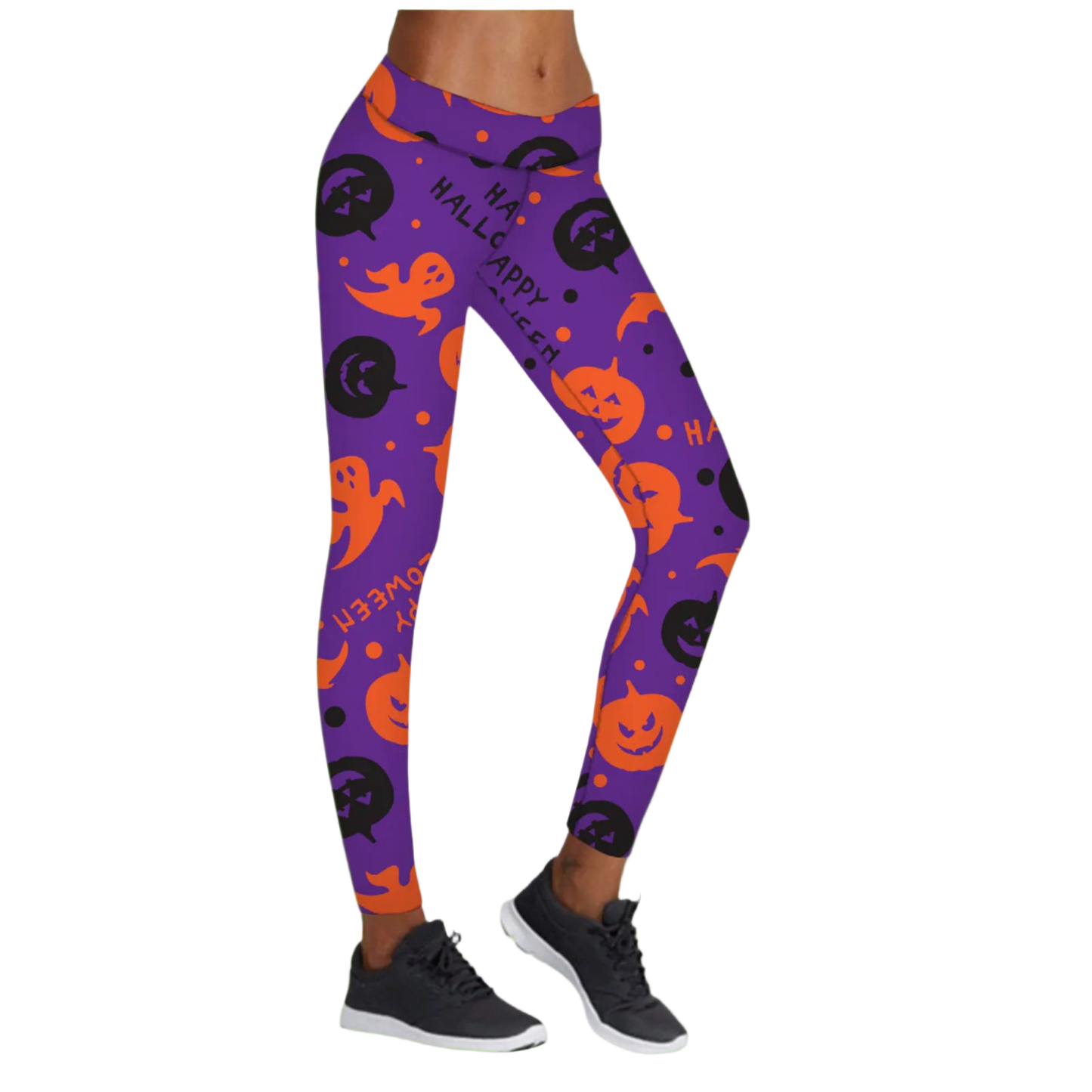 Purple leggings with Halloween-themed design on a white background
