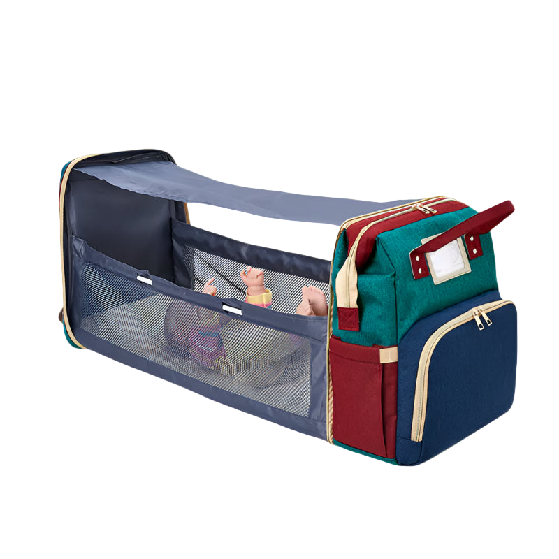 Portable playpen with colorful bag attached on a white background