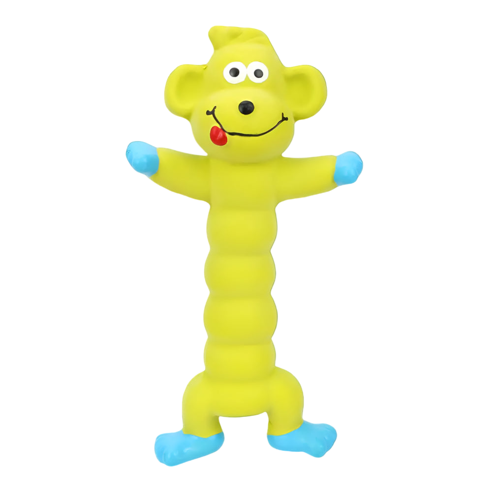 Yellow toy with a smiling face and blue feet on a white background