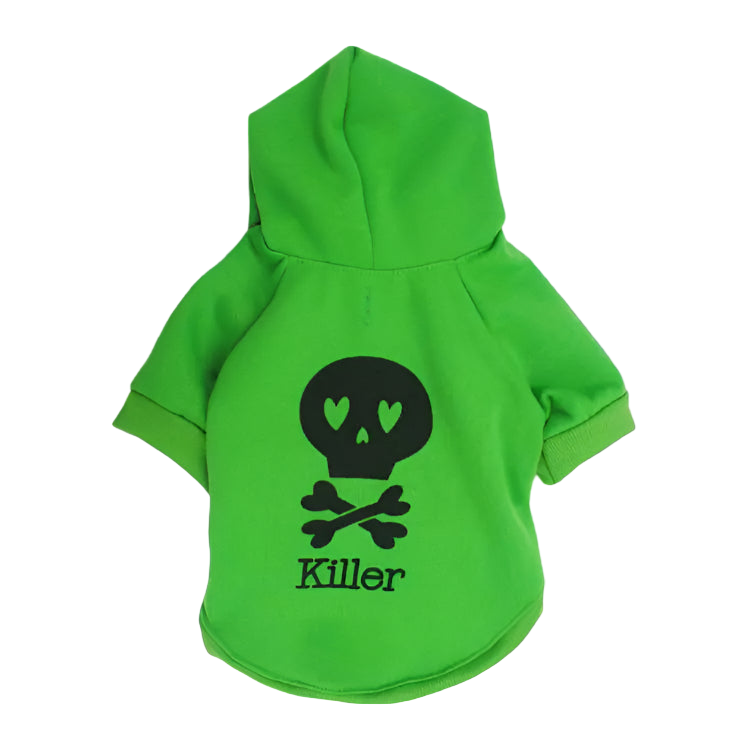 Green hoodie with a skull design and 'Killer' text on a white background