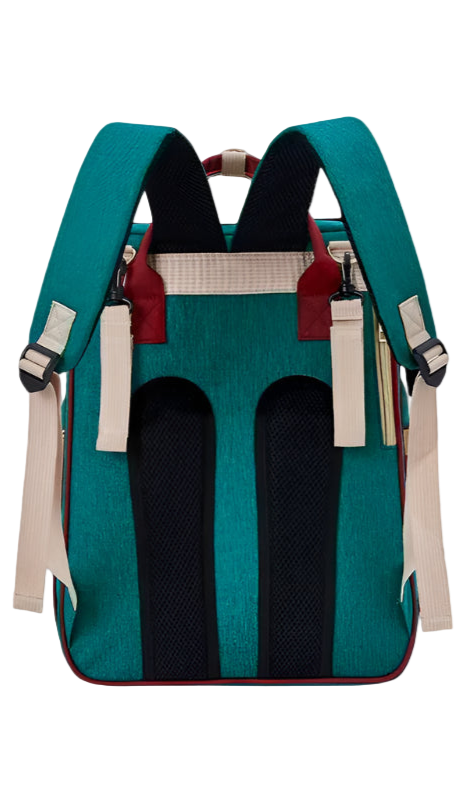 Teal backpack with multiple compartments and zippers on a white background