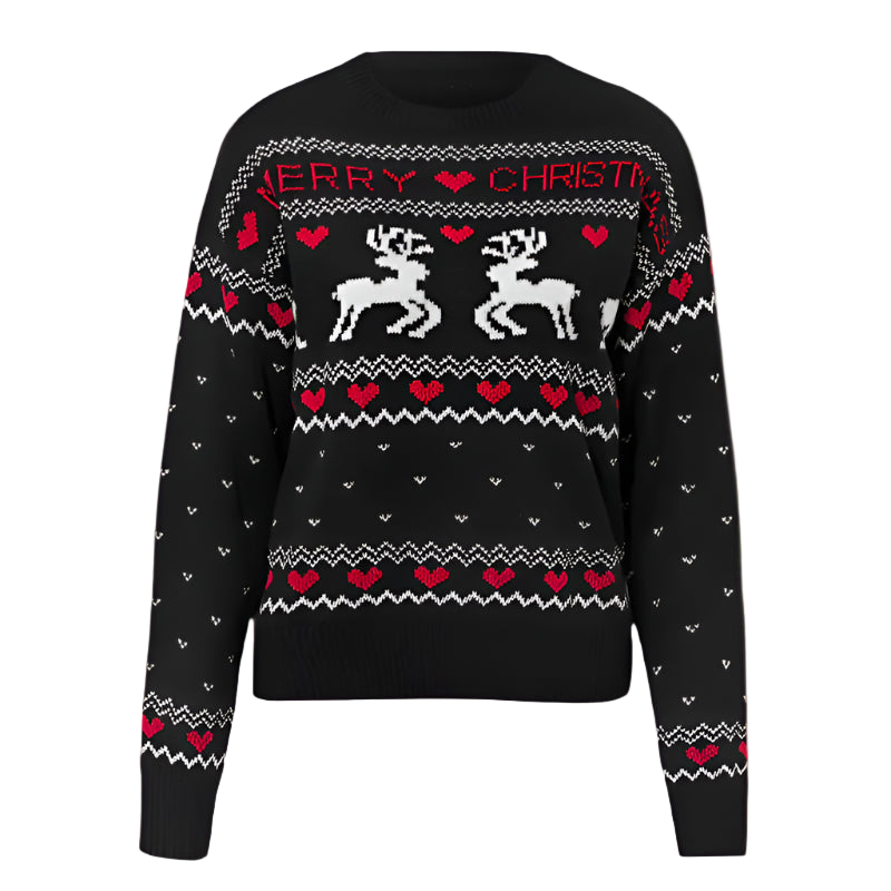 Black Christmas sweater with reindeer and heart patterns on a white background