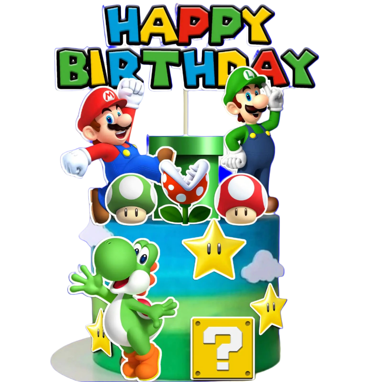 Birthday cake with Super Mario characters and 'Happy Birthday' text on a white background
