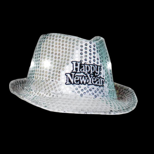 Silver sequin hat with 'Happy New Year' text on a white background