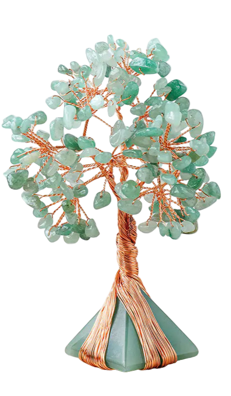 Decorative tree made of green stones and copper wire on a wooden surface with a white background.