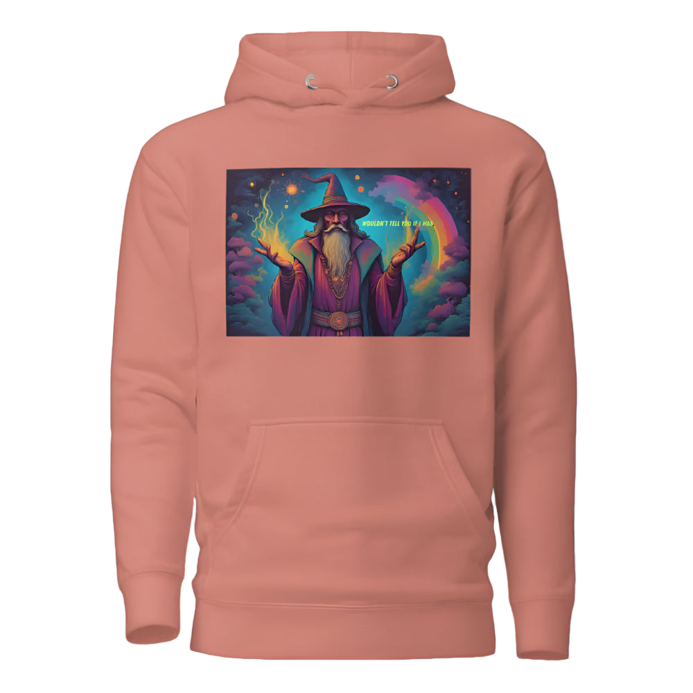 Peach hoodie with a colorful wizard graphic on a white background