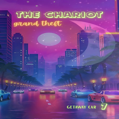 Vibrant cityscape with cars and 'The Chariot' text in a neon style.