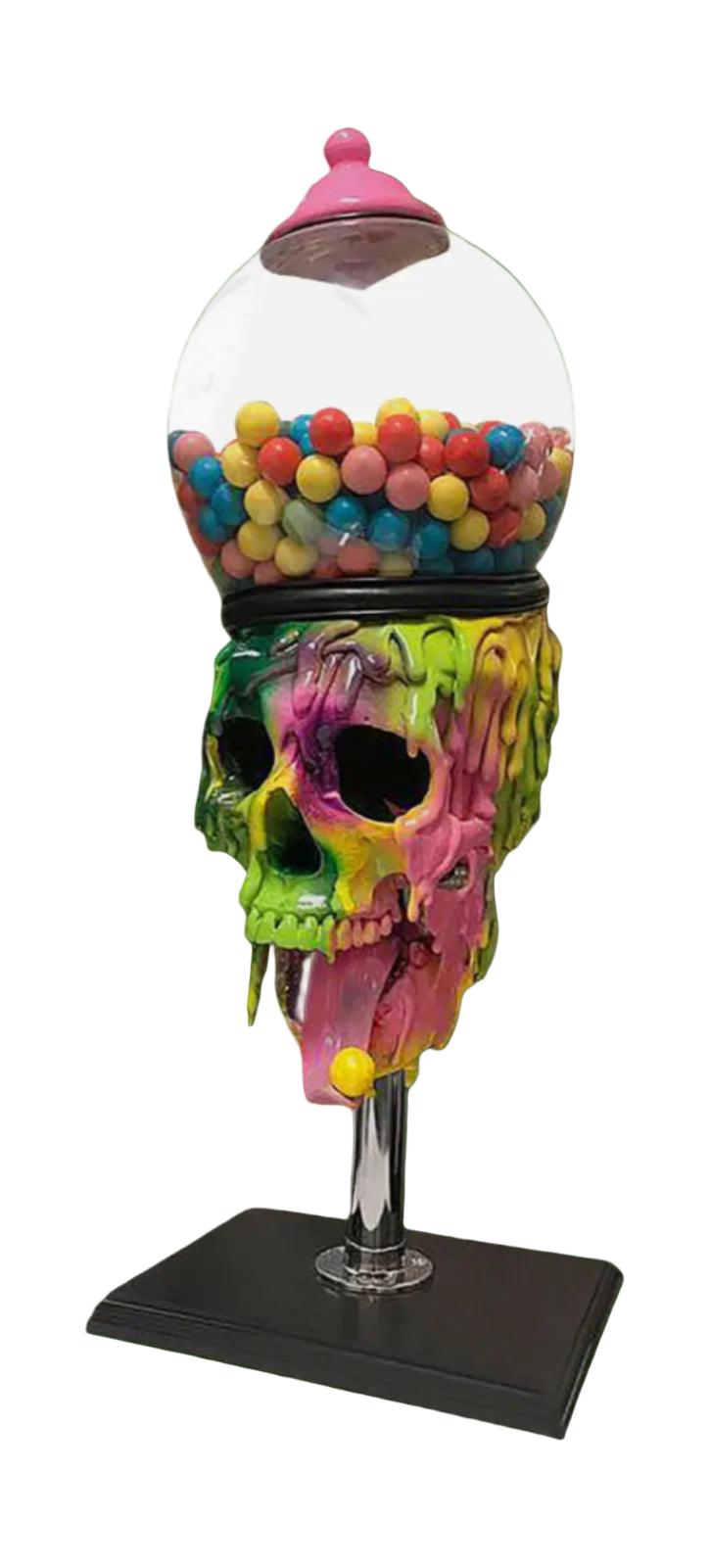 Colorful skull-shaped gumball machine with a white background